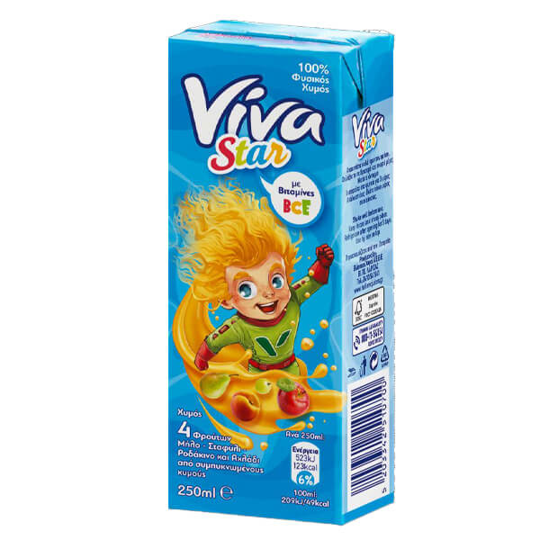VIVA STAR 250ml - (ΜΗΛΟ-ΣΤΑΦΥΛΙ-ΡΟΔΑΚΙΝΟ-ΑΧΛΑΔΙ 100% ΦΥΣΙΚΟΣ ΧΥΜΟΣ)Τεμάχια / Κιβώτιο: 27