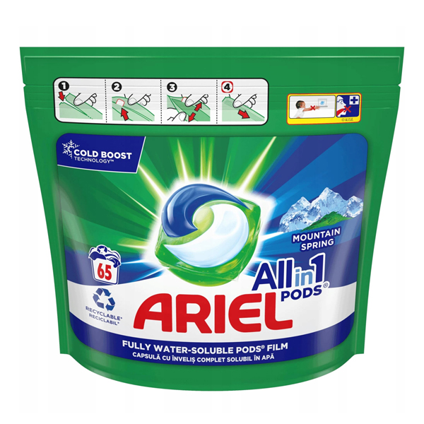 ARIEL ΥΓΡΕΣ ΚΑΨΟΥΛΕΣ ALL IN 1 (65τεμ.) - (MOUNTAIN SPRING)Τεμάχια / Κιβώτιο: 2