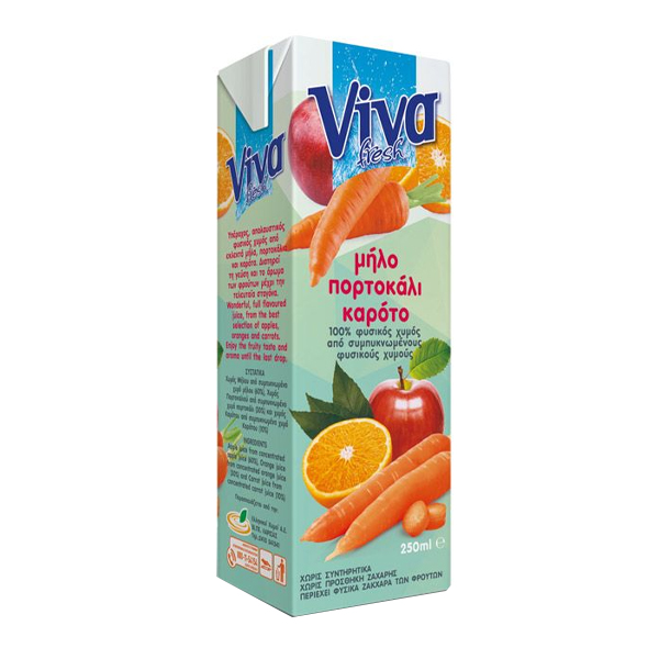 VIVA 250ml - (ΜΗΛΟ+ΠΟΡΤΟΚΑΛΙ+ΚΑΡΟΤΟ 100% ΦΥΣΙΚΟΣ ΧΥΜΟΣ)Τεμάχια / Κιβώτιο: 27