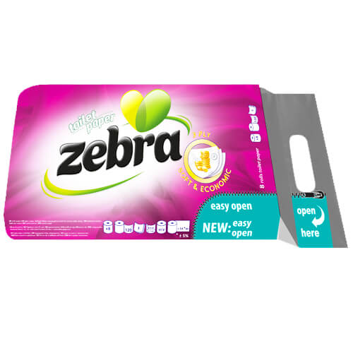 ZEBRA ΧΑΡΤΙ ΥΓΕΙΑΣ 8 ΡΟΛΑ 3Φ - (SOFT ECONOMIC) (ΜΩΒ)Τεμάχια / Κιβώτιο: 6