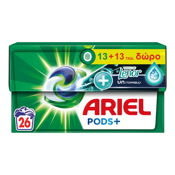 ARIEL ΥΓΡΕΣ ΚΑΨΟΥΛΕΣ ALL IN 1 (26τεμ.) - (LENOR UNSTOPABLES) (13+13 ΔΩΡΟ)Τεμάχια / Κιβώτιο: 4