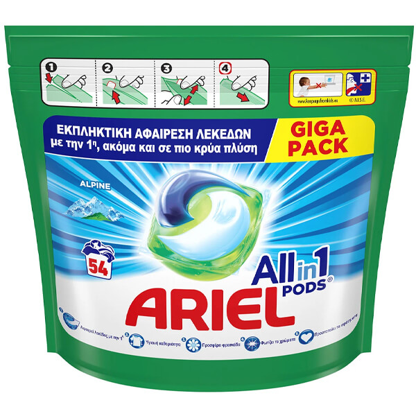 ARIEL ΥΓΡΕΣ ΚΑΨΟΥΛΕΣ ALL IN 1 (54τεμ.) - (ALPINE)Τεμάχια / Κιβώτιο: 2